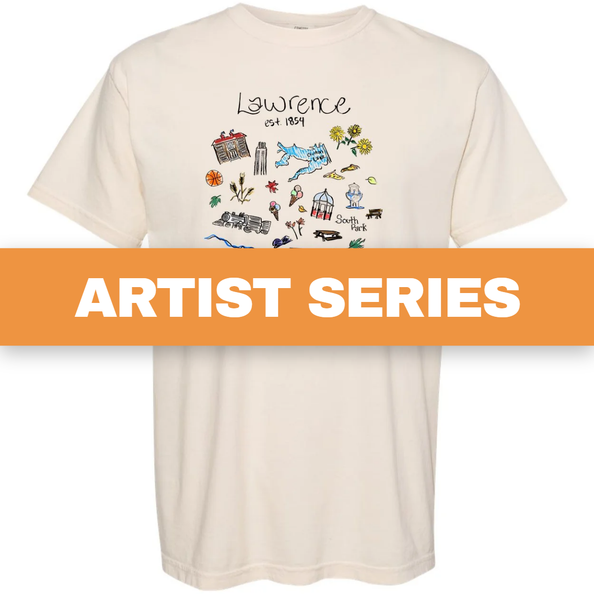 Artist Series collection: the Lawrence Est. 1854 Collage tee with an orange band reading ARTIST SERIES
