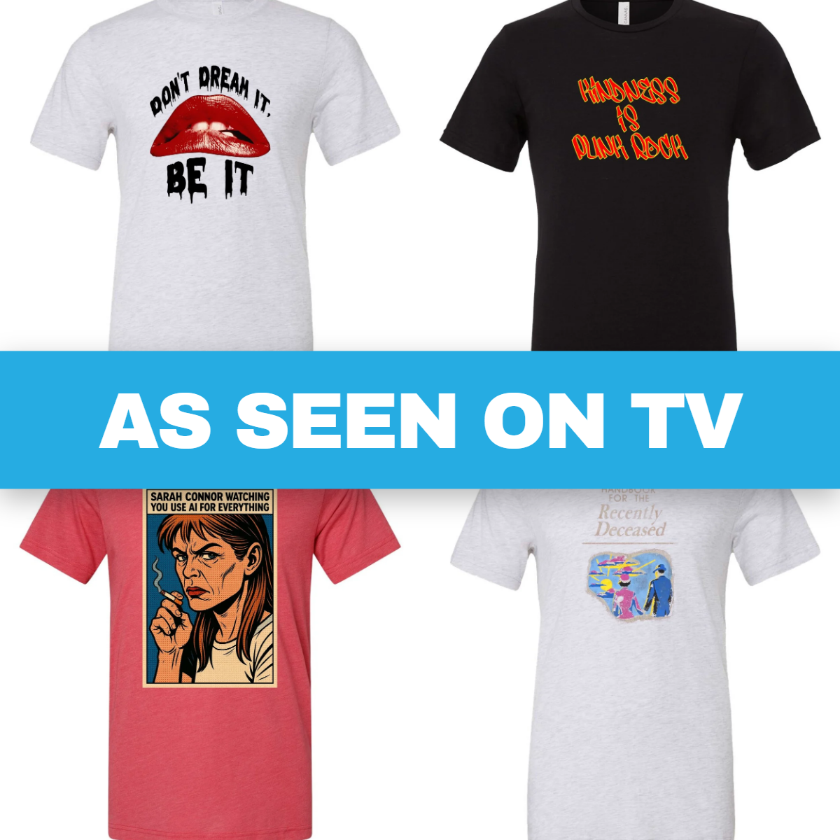 As Seen on TV collection: four ACME tees on a grid with a blue band reading AS SEEN ON TV