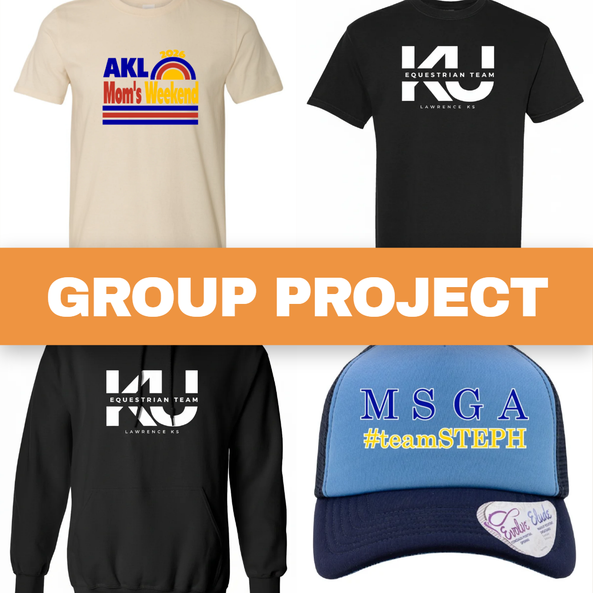 Group Project collection: four custom group orders on a grid with an orange band reading GROUP PROJECT