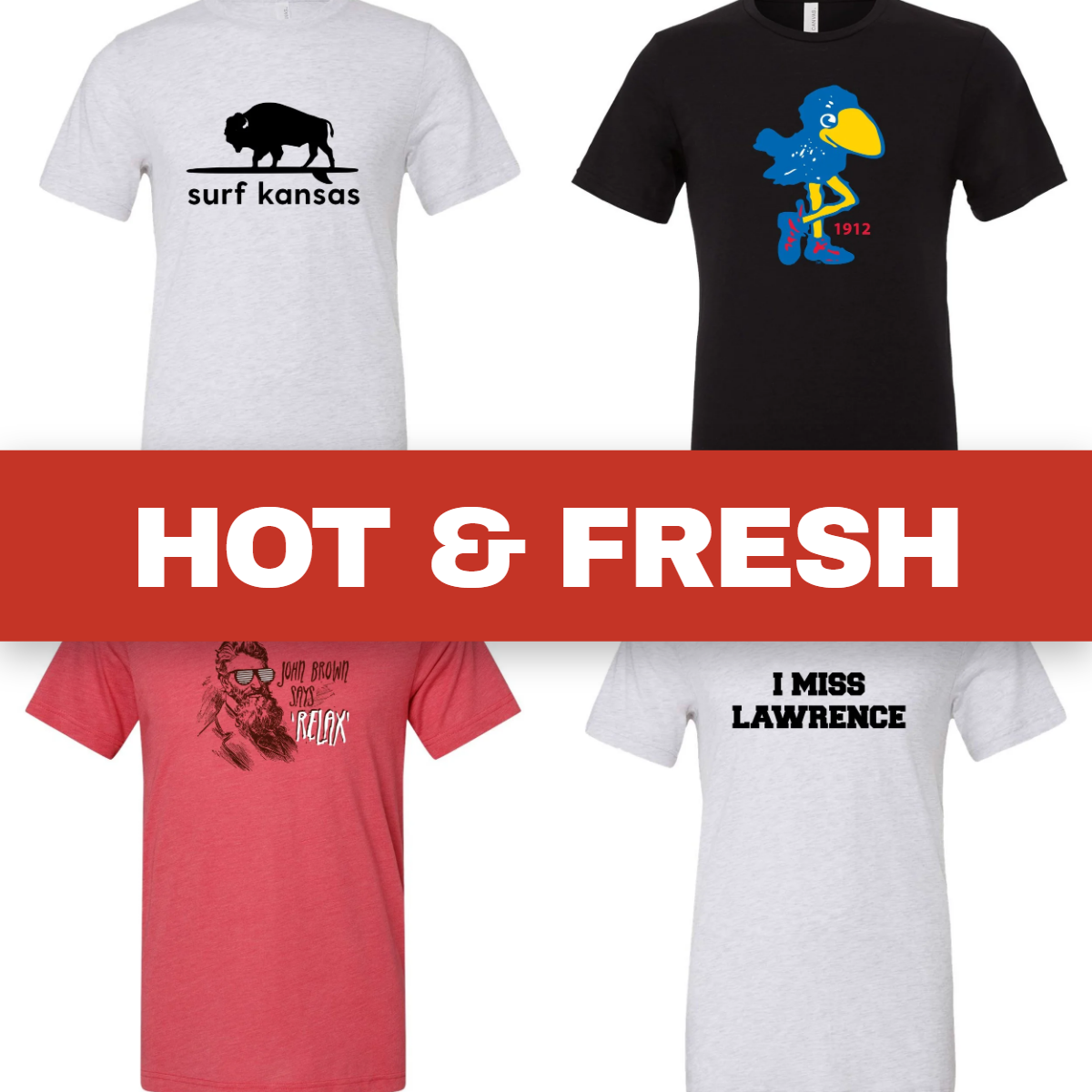 Hot & Fresh collection: four ACME tees on a grid with a red band reading HOT & FRESH