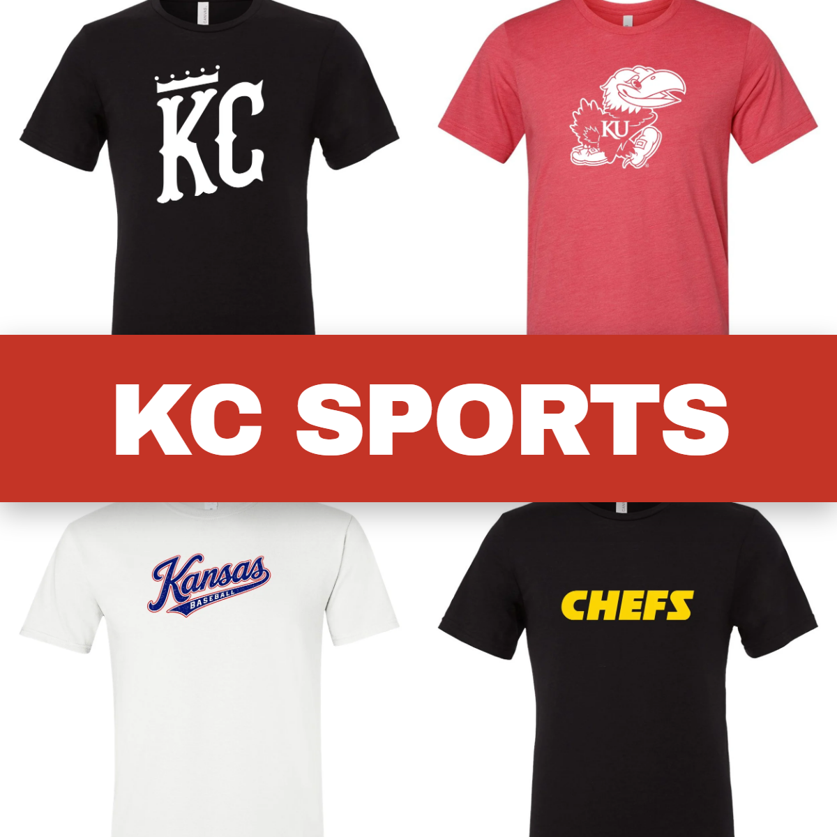 KC Sports collection: four Kansas City and Kansas sports tees with a red band reading KC SPORTS