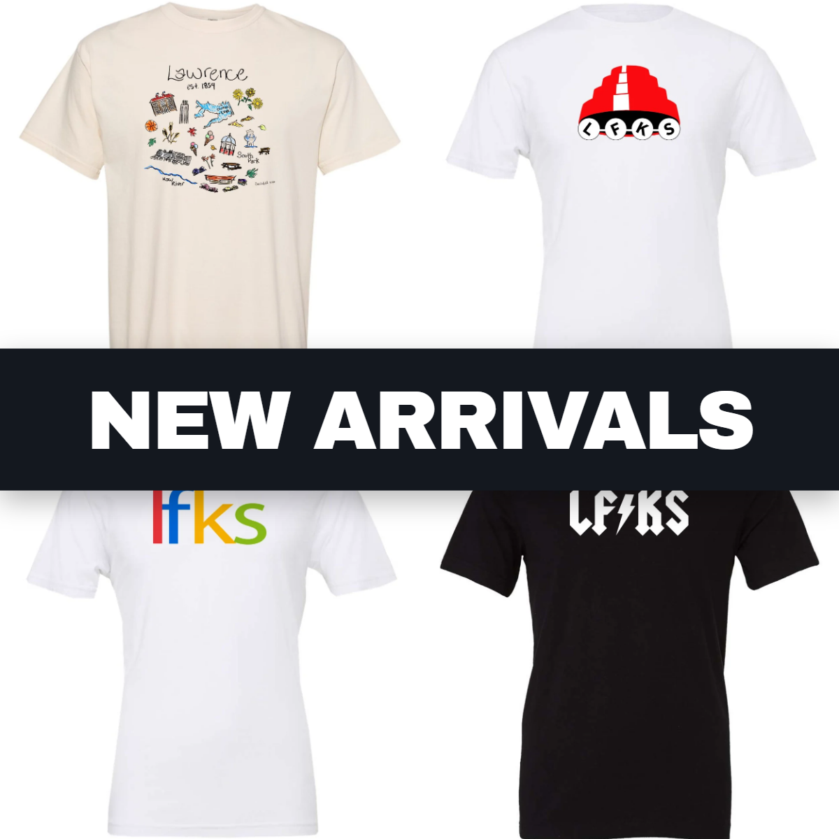 New Arrivals collection: four ACME tees on a grid with a black band reading NEW ARRIVALS