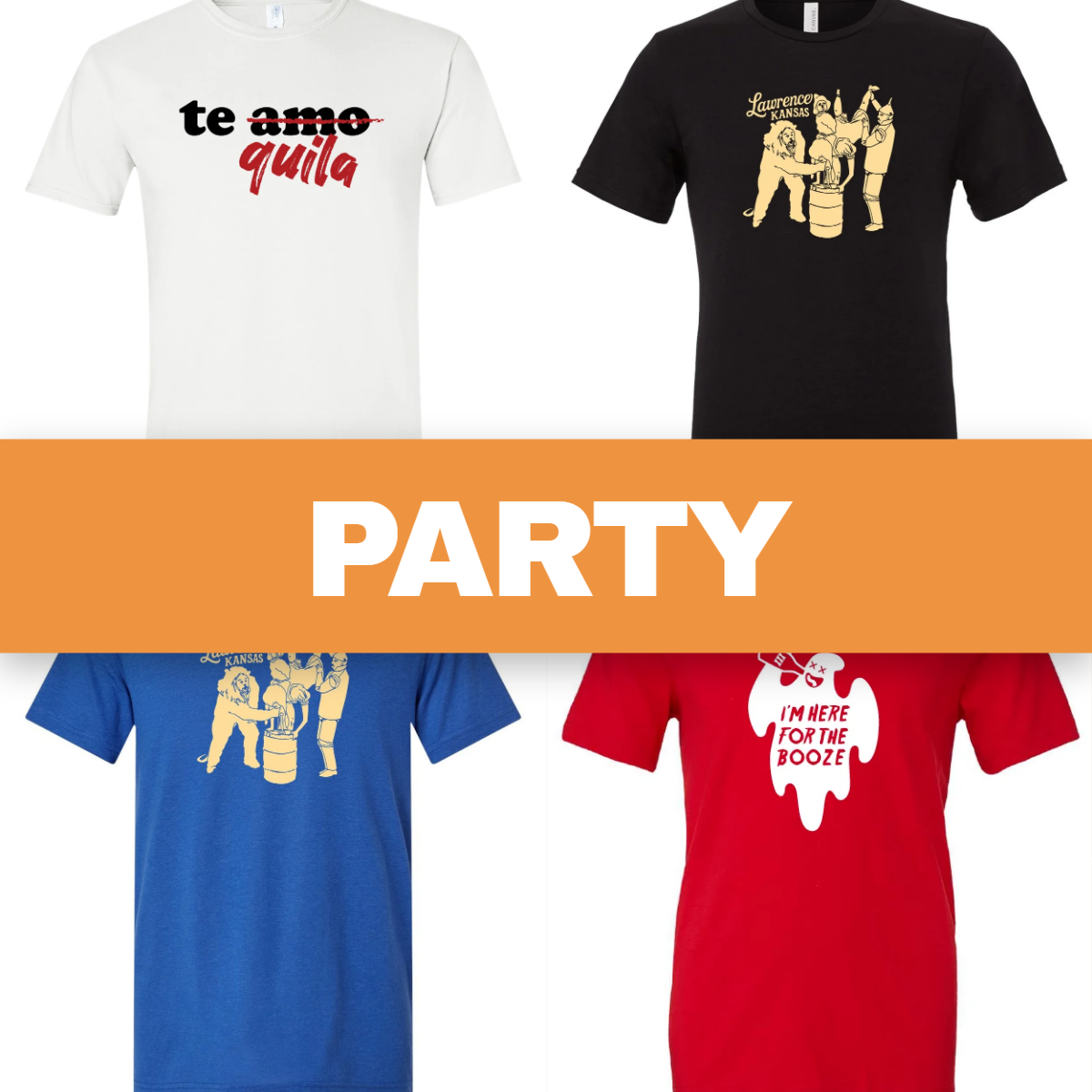 Party collection: four ACME tees on a grid with an orange band reading PARTY