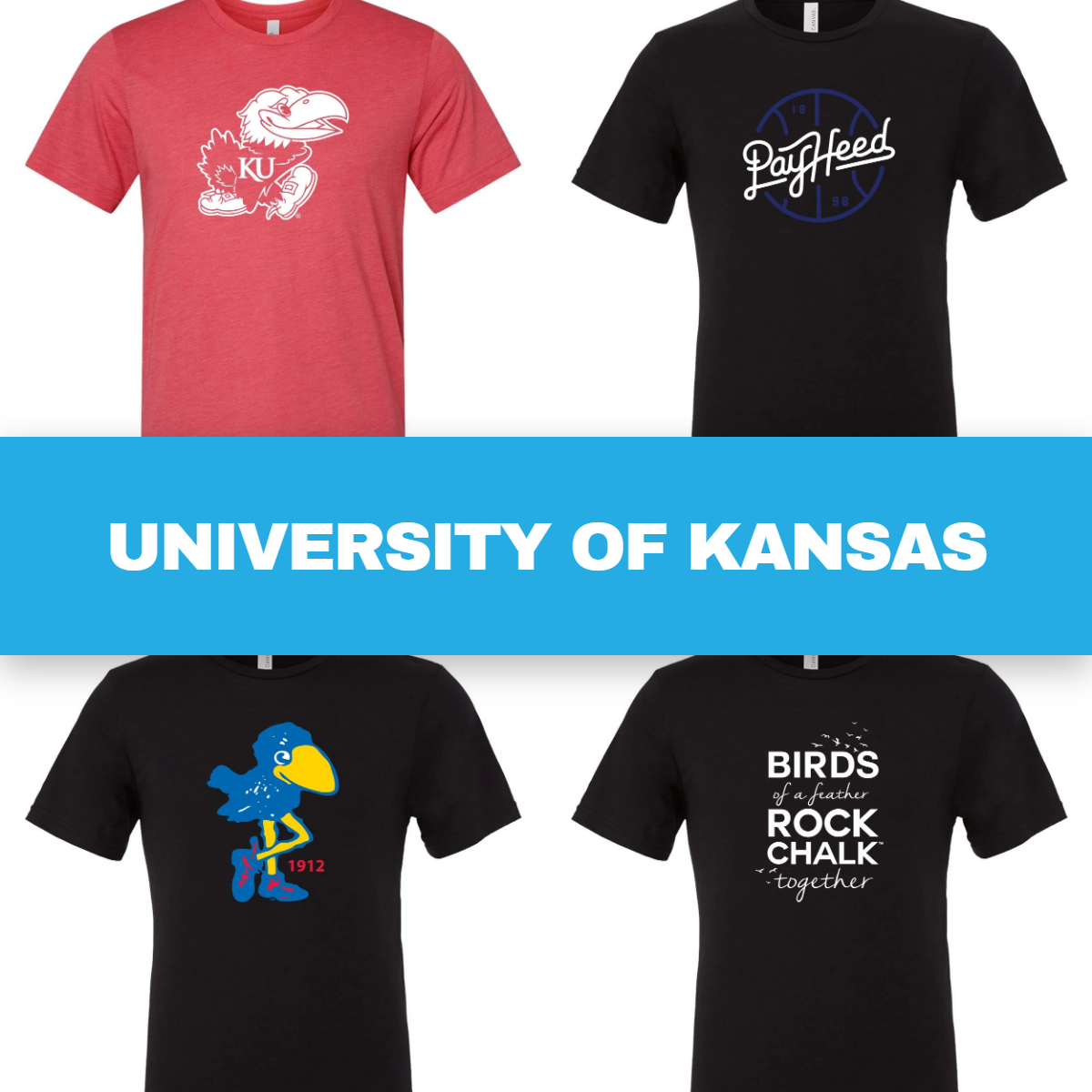 University of Kansas collection: four KU tees with a blue band reading UNIVERSITY OF KANSAS