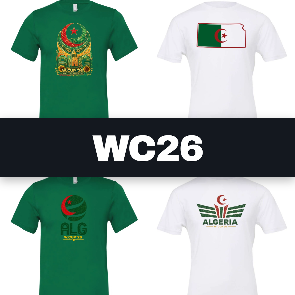 WC26 collection: four World Cup 2026 tees with a black band reading WC26
