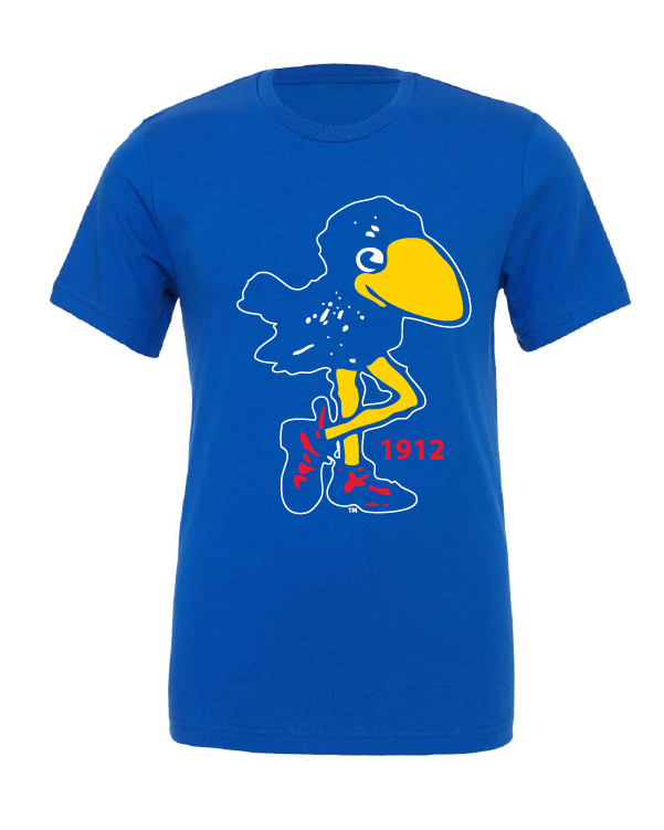 1912 Jayhawk design on a blue t-shirt