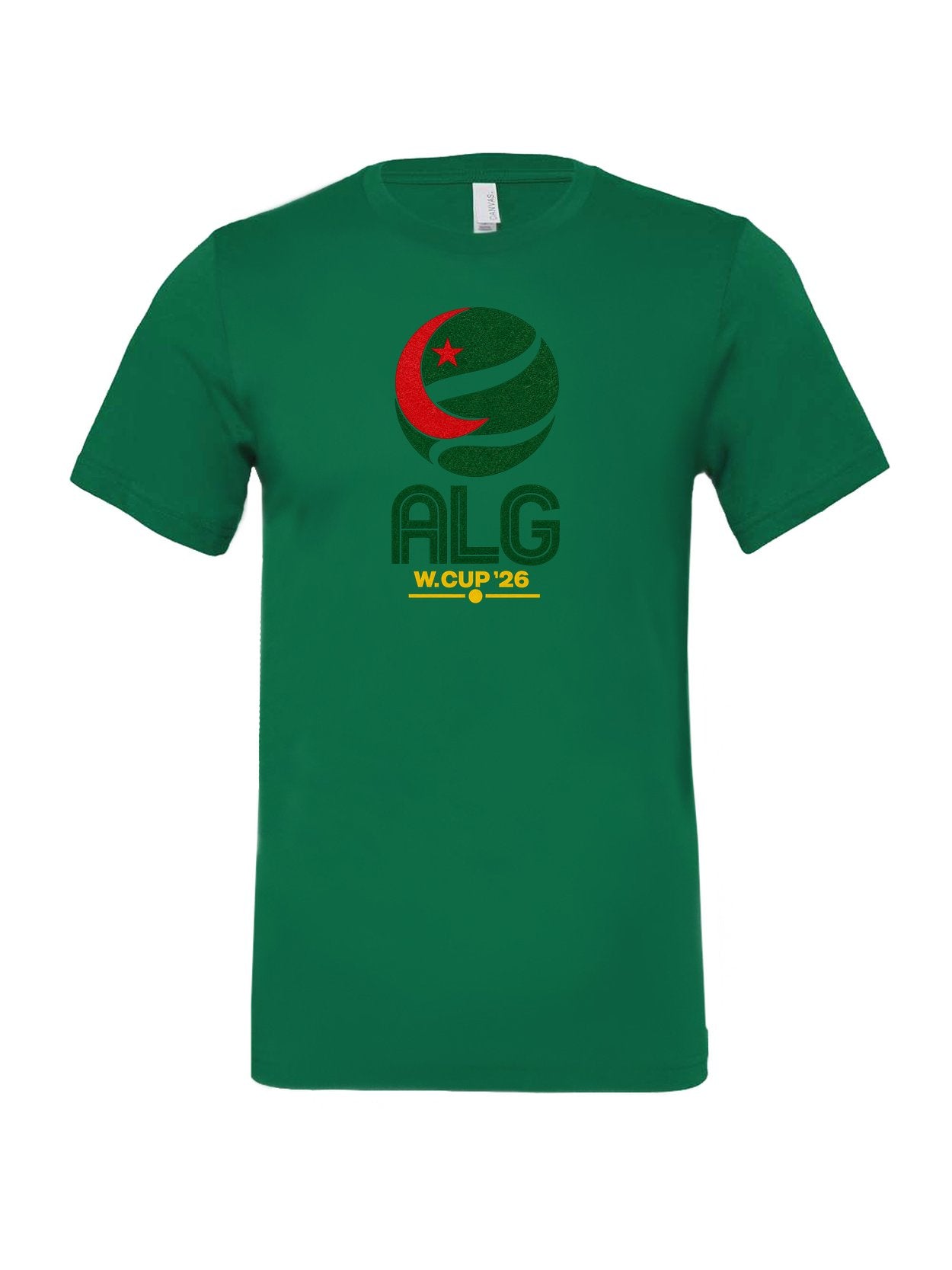 Algeria WC26 design on a kelly green Bella+Canvas 3001 tee