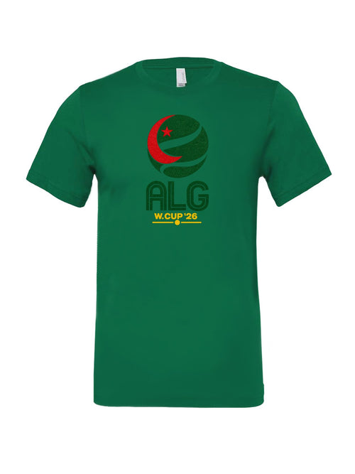 Algeria WC26 design on a kelly green Bella+Canvas 3001 tee