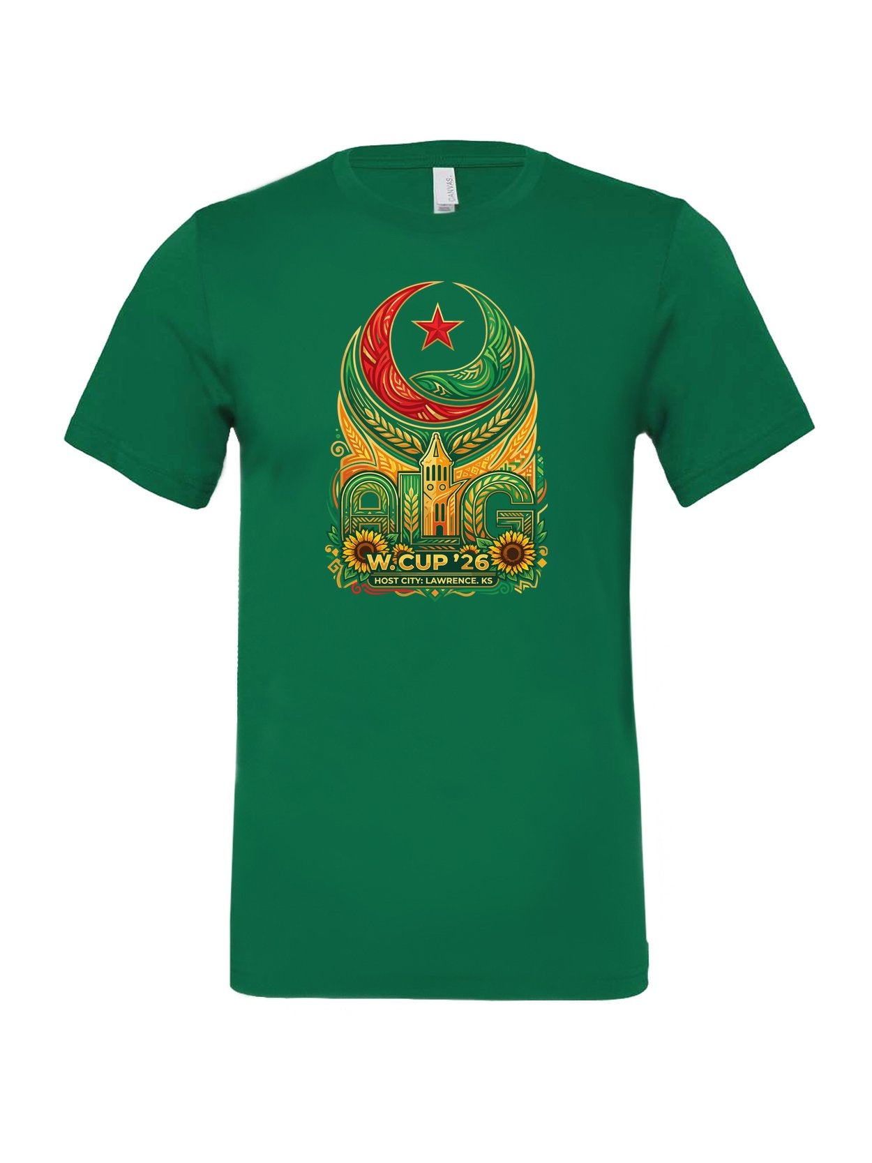 Host City Reimagined WC26 design on a kelly green Bella+Canvas 3001 tee