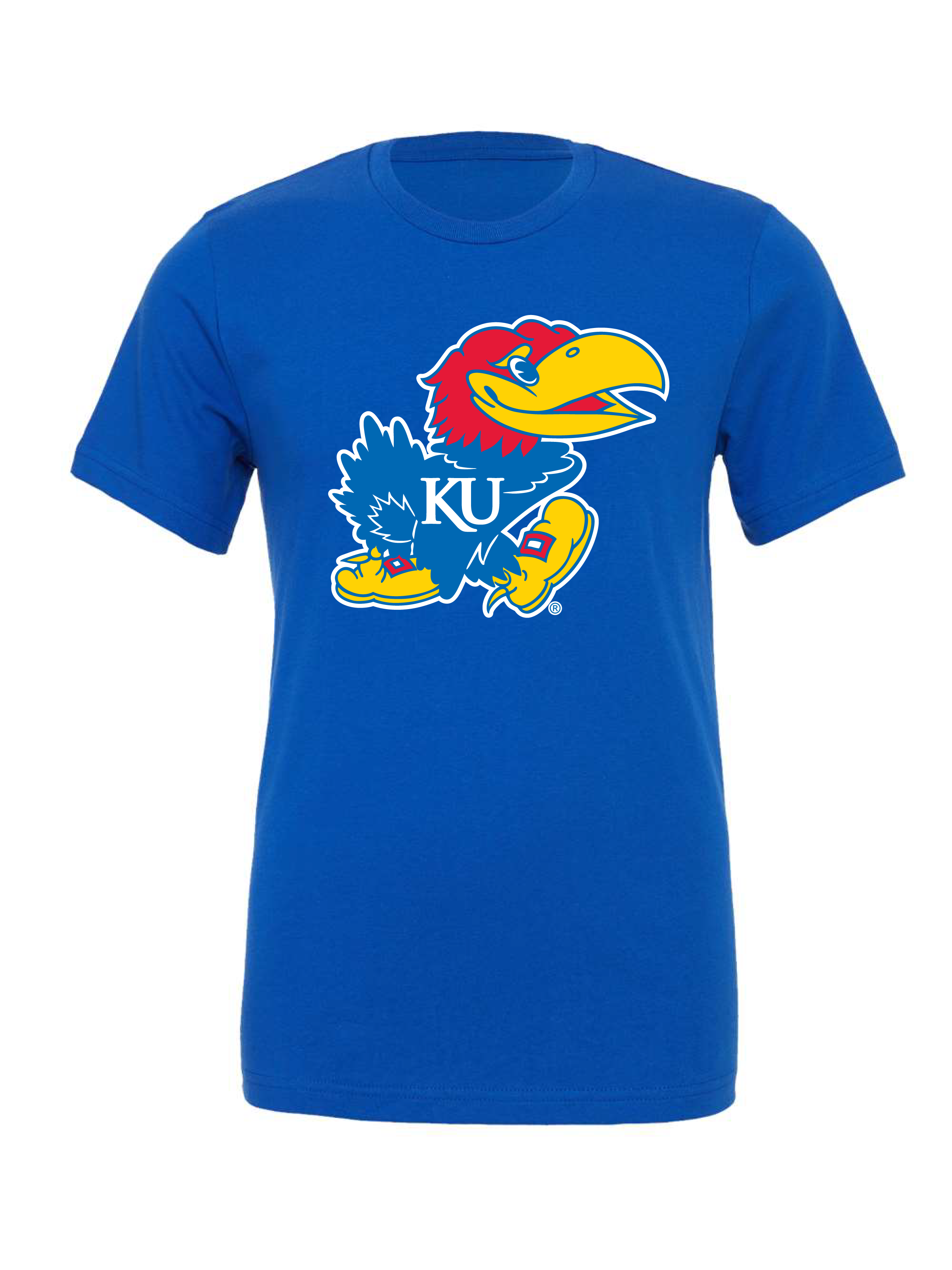 Jayhawk design on a blue t-shirt