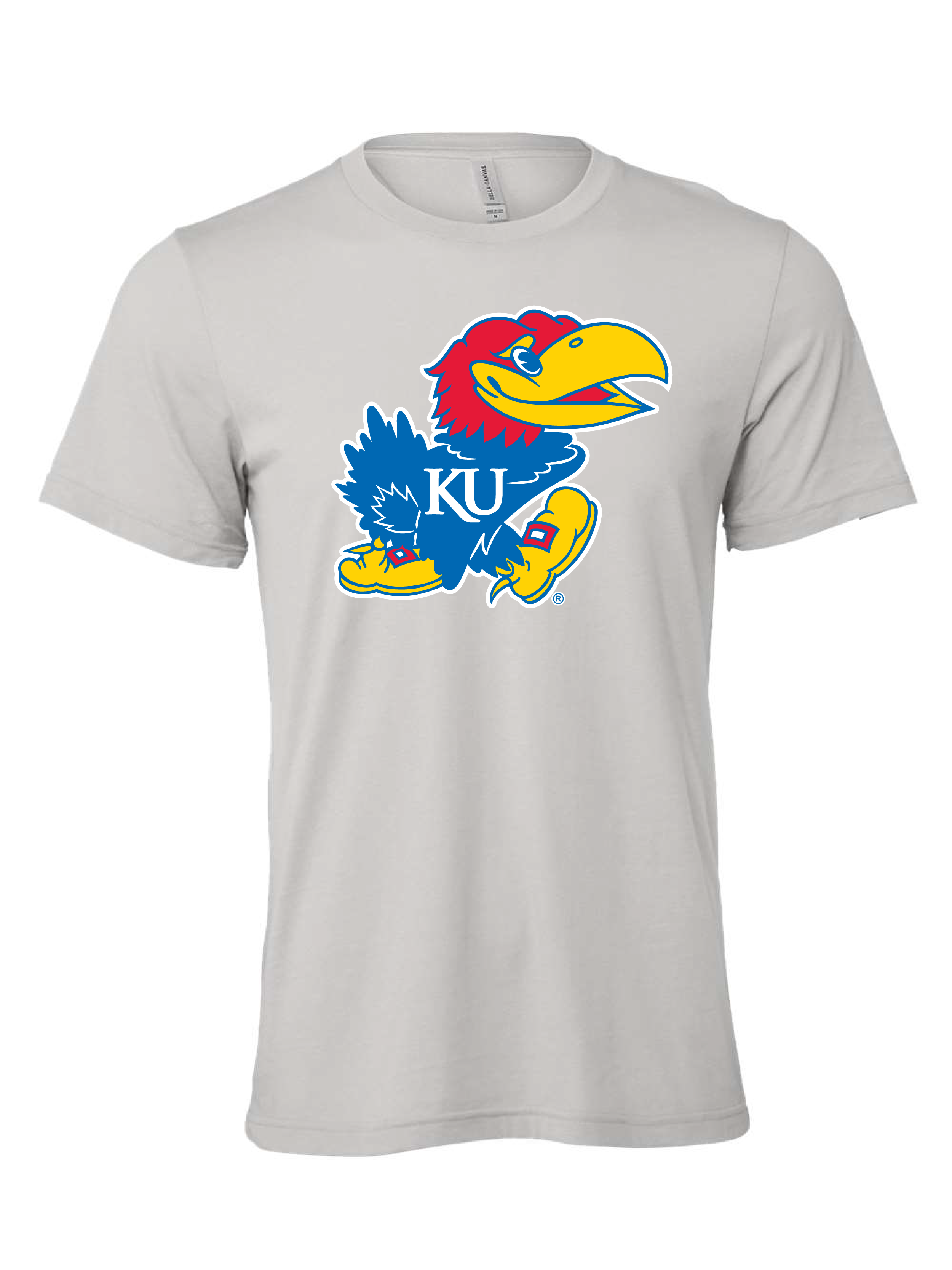 Jayhawk design on a gray t-shirt