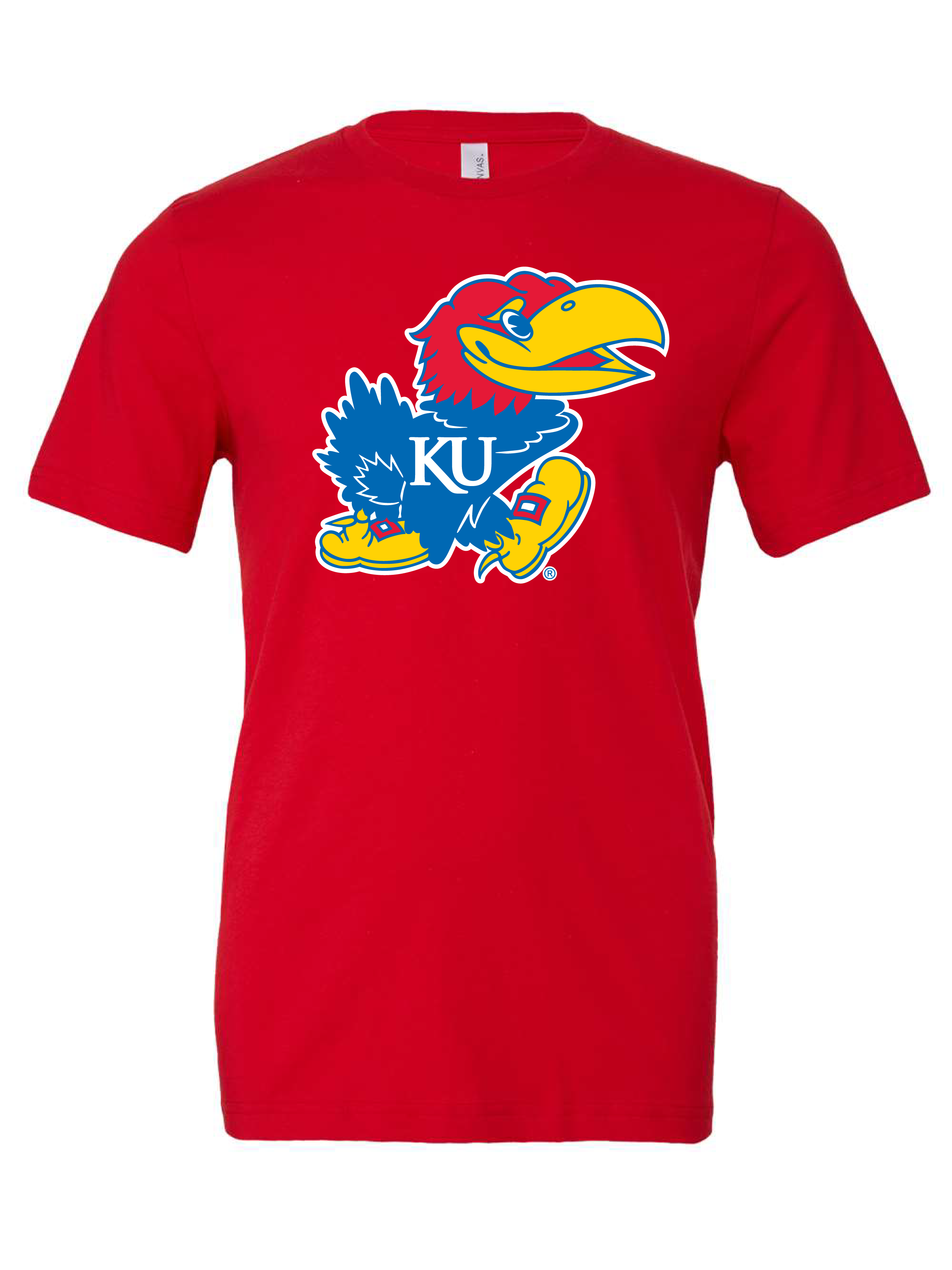 Jayhawk design on a red t-shirt