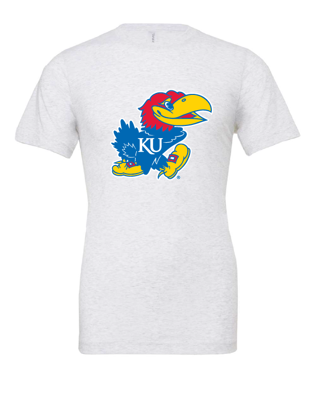 Jayhawk design on a white t-shirt