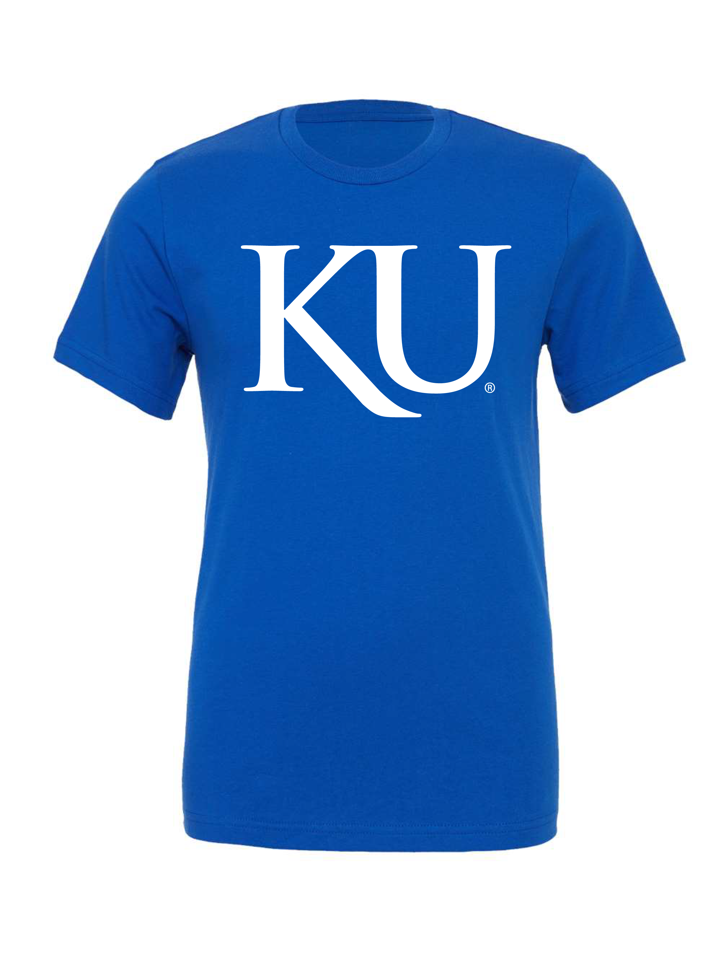 KU Trajan Logo design on a blue t-shirt