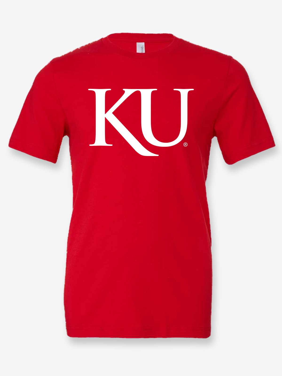 KU Trajan Logo design on a red t-shirt
