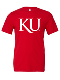 KU Trajan Logo design on a red t-shirt