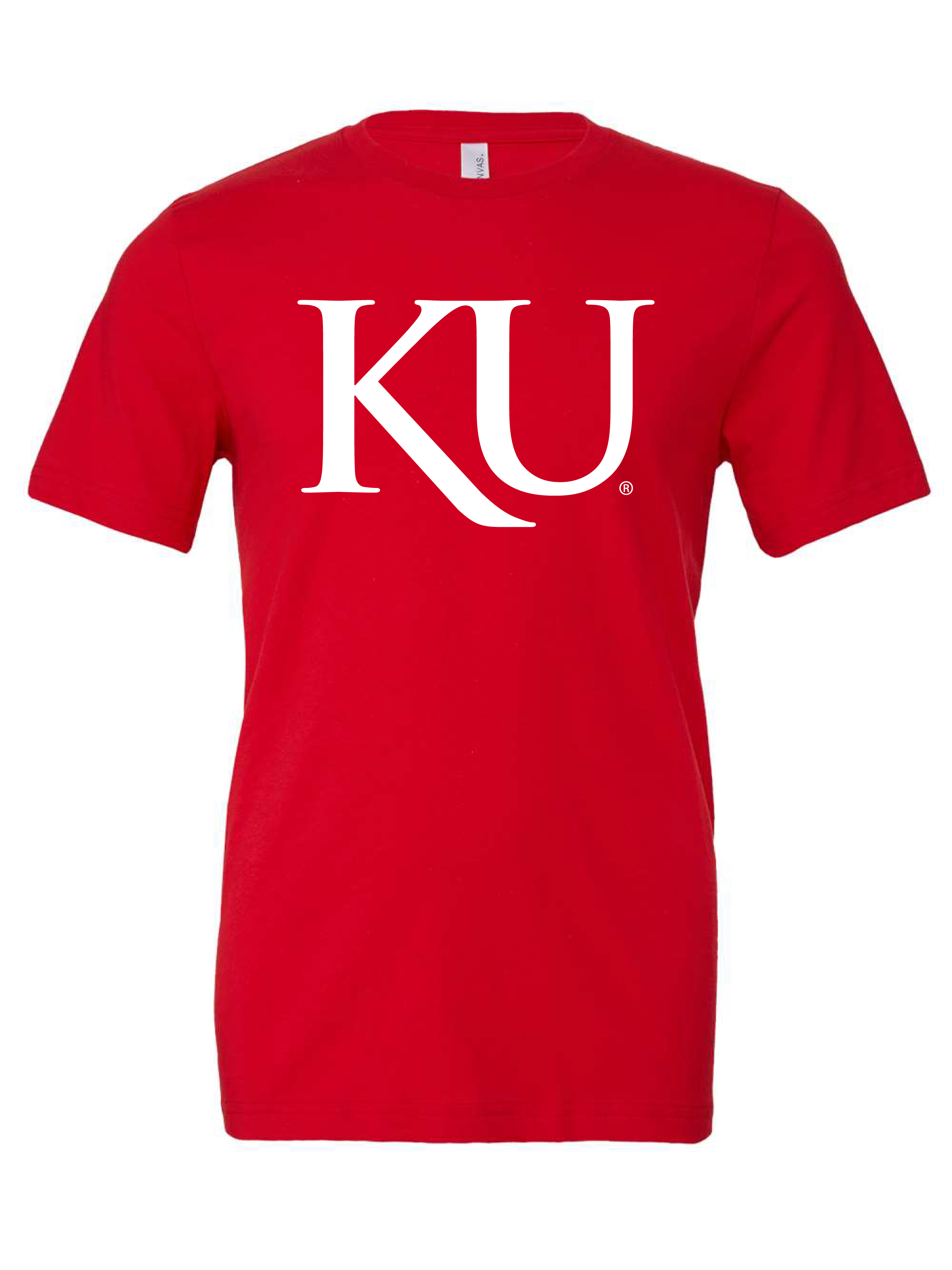 KU Trajan Logo design on a red t-shirt