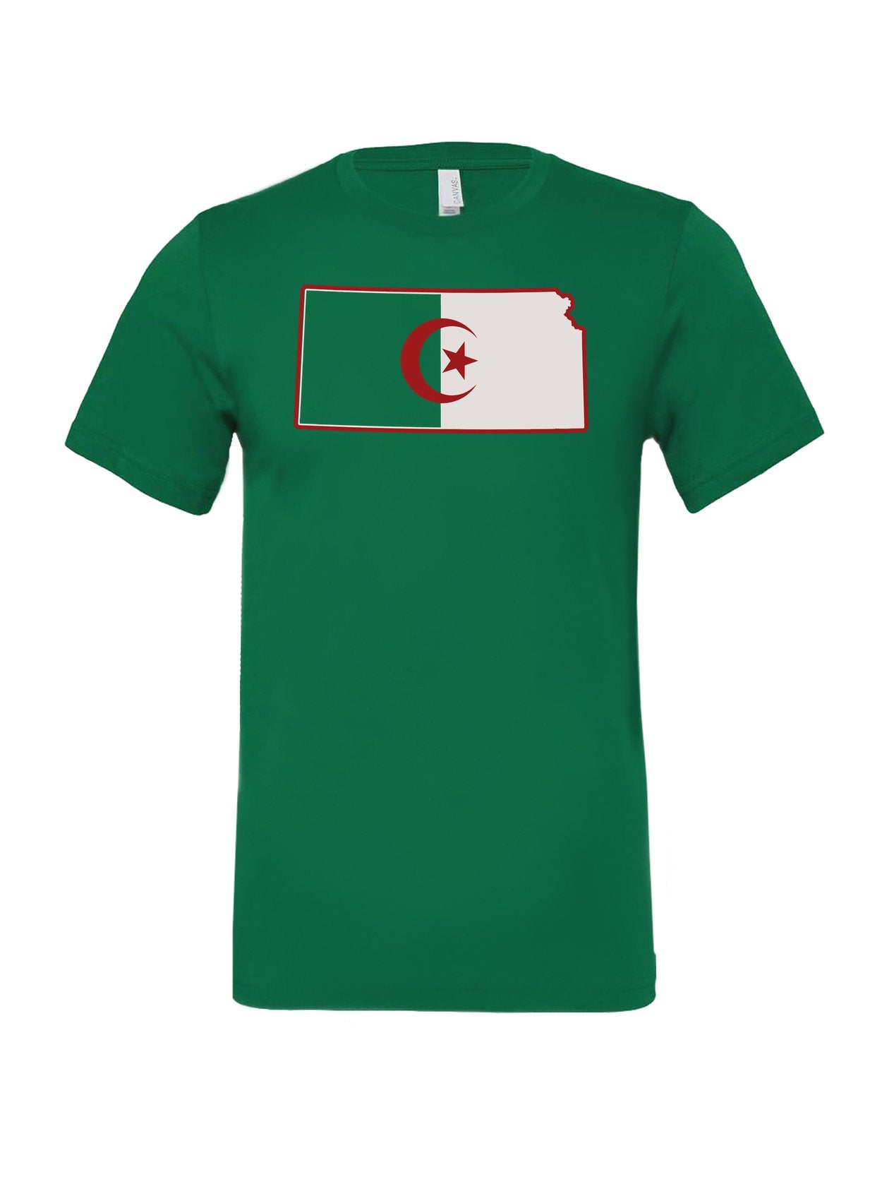 Kansas Algeria Flag WC26 design on a kelly green Bella+Canvas 3001 tee