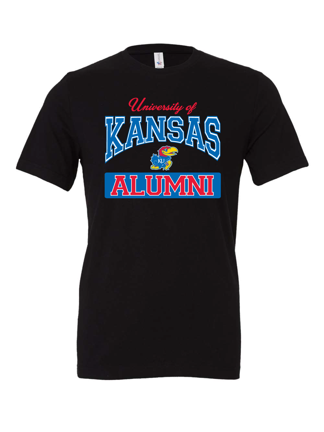 University of Kansas Alumni Arch design on a black t-shirt