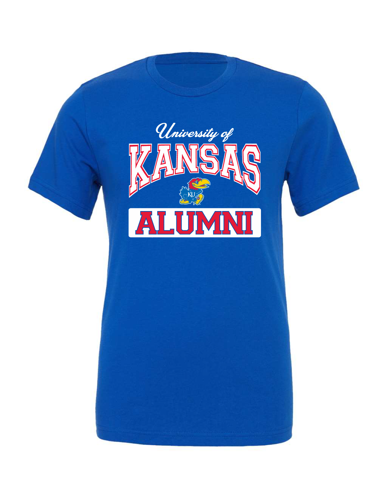 University of Kansas Alumni Arch design on a blue t-shirt