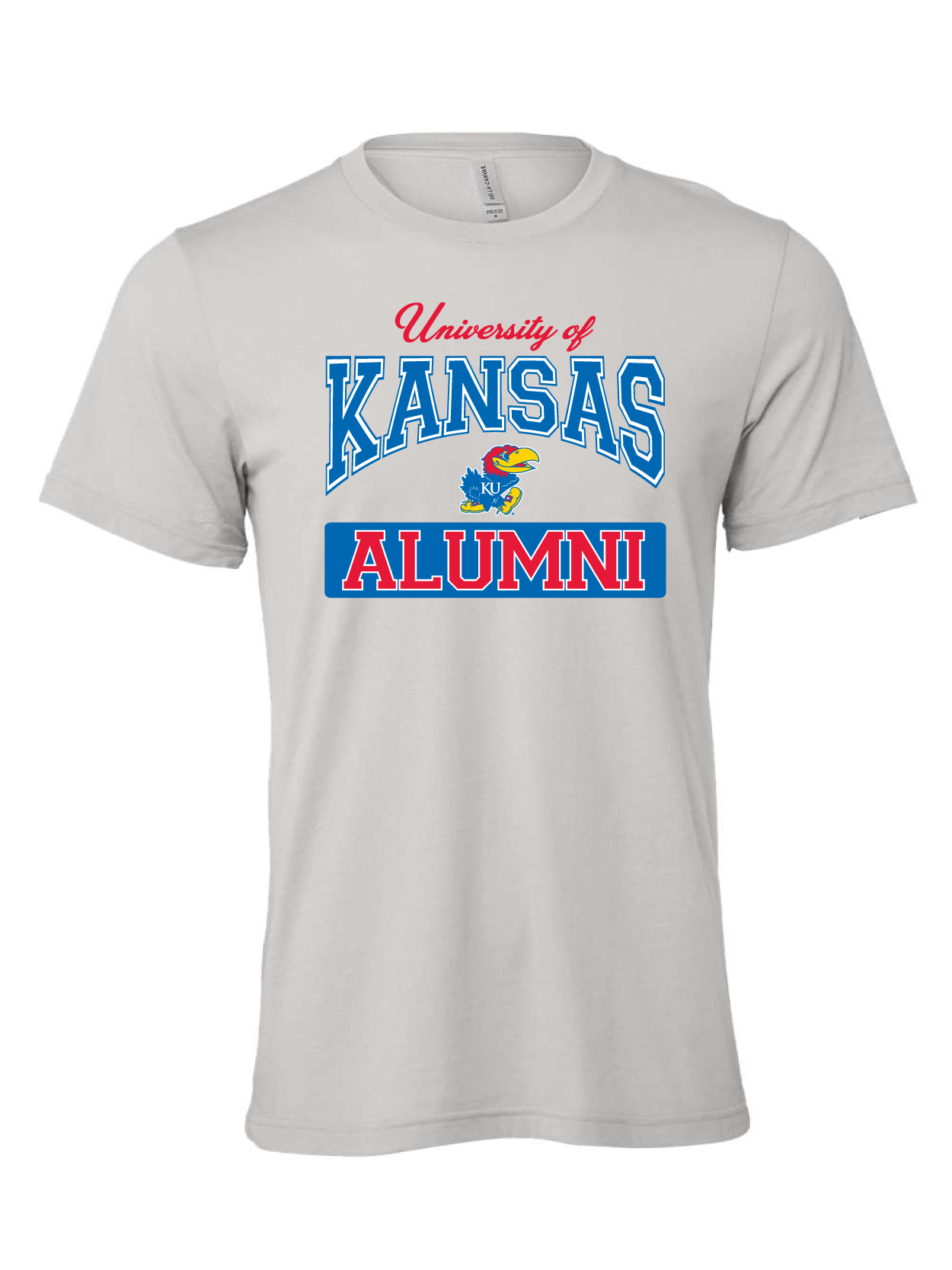 University of Kansas Alumni Arch design on a gray t-shirt