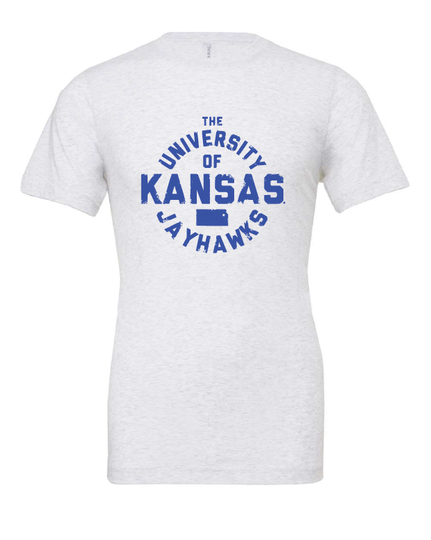 University of Kansas Liberator Font design on a white t-shirt