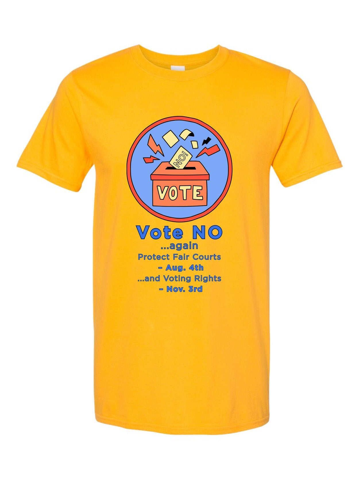 Vote NO Again design on a gold Gildan Softstyle tee