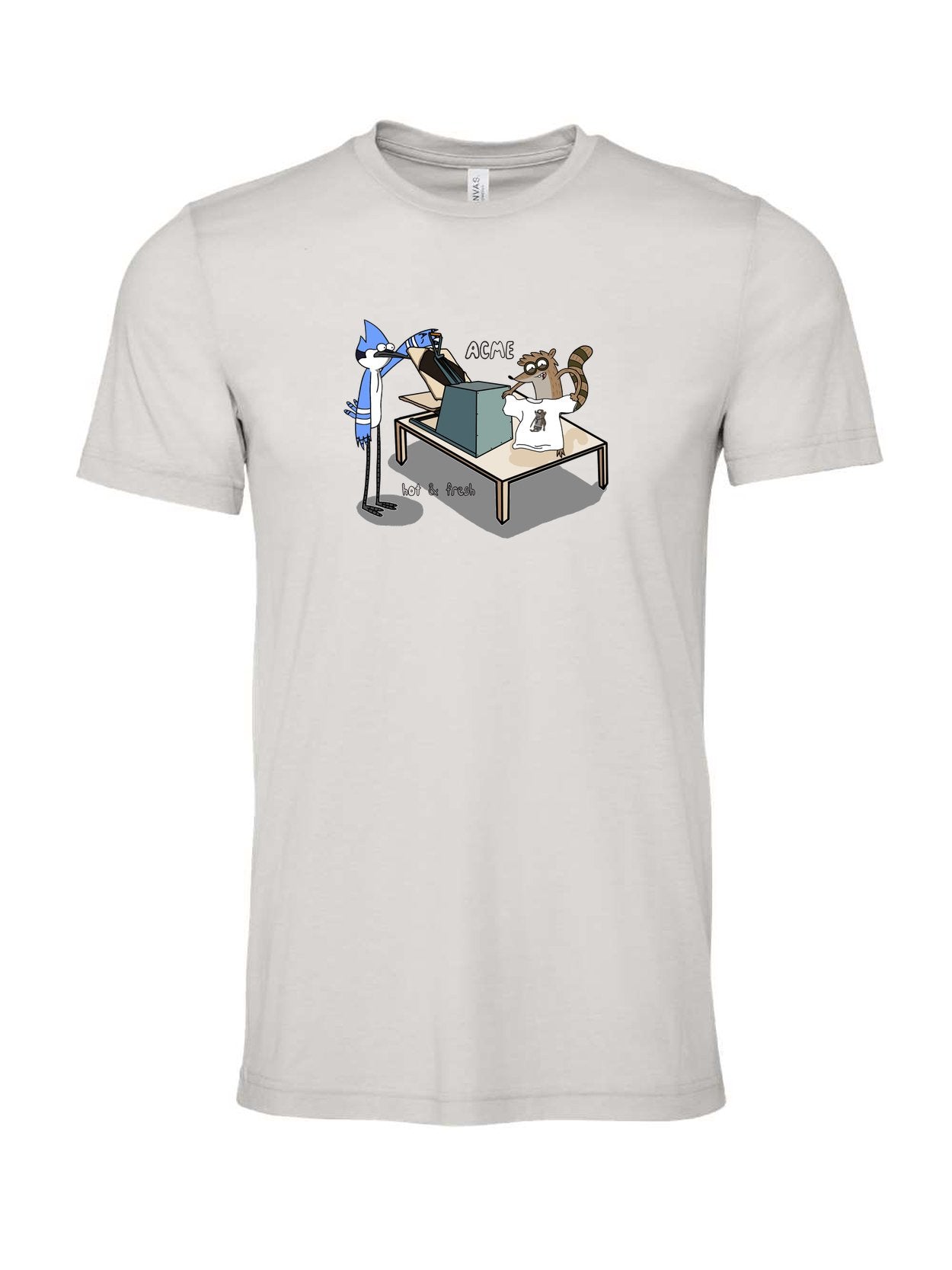 ACME Hot and Fresh on a cement gray t-shirt