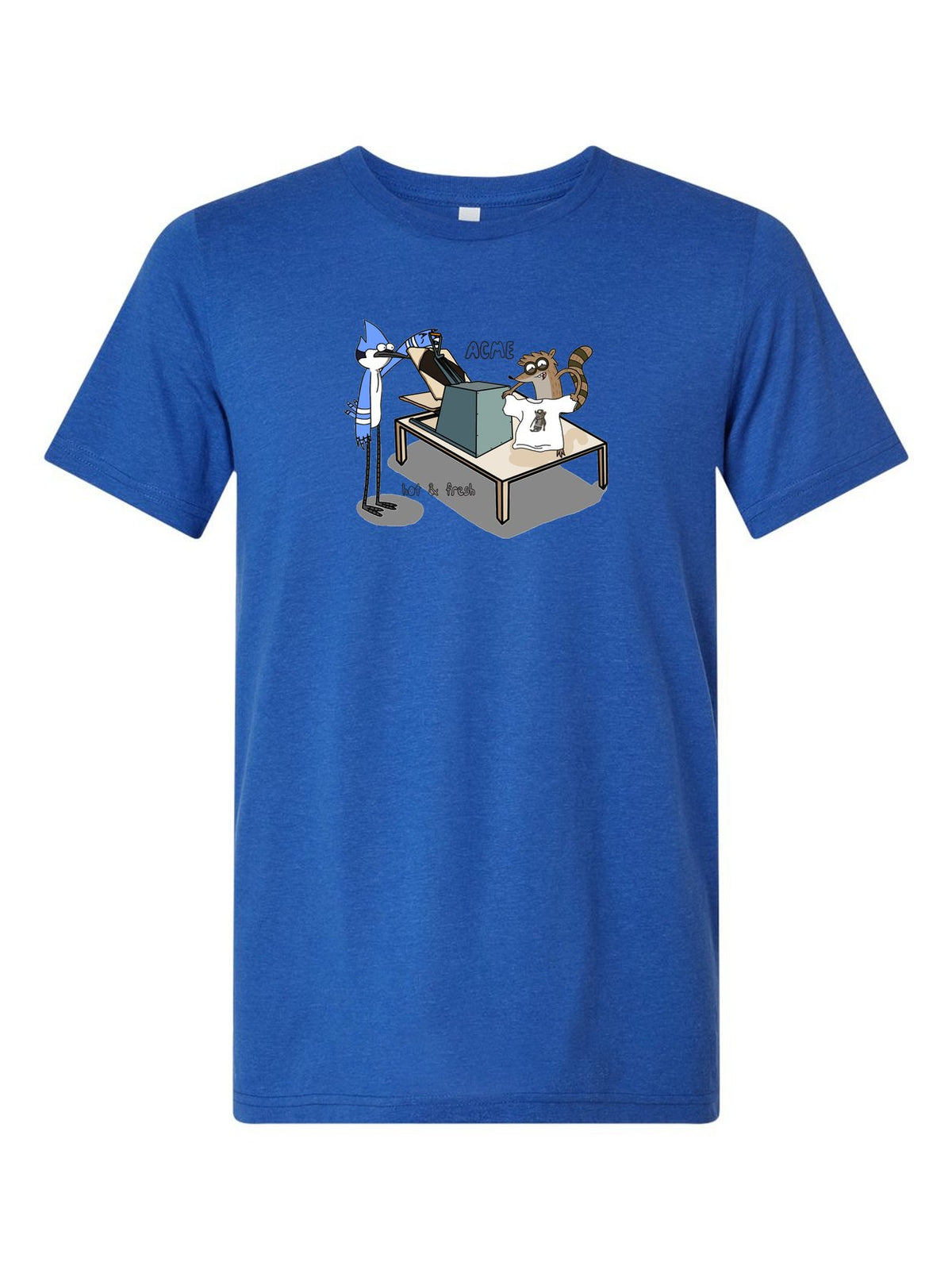 ACME Hot and Fresh on a royal blue t-shirt