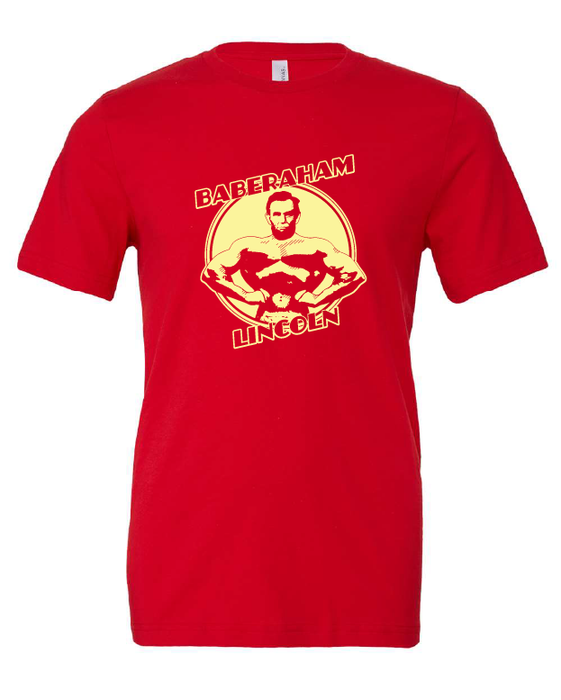 Baberaham Lincoln design on a red t-shirt