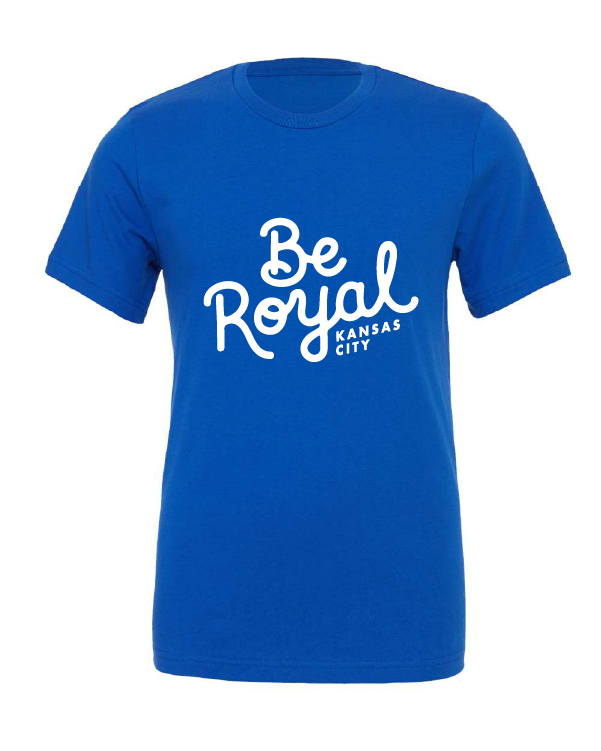 Be Royal Scripty design on a blue t-shirt