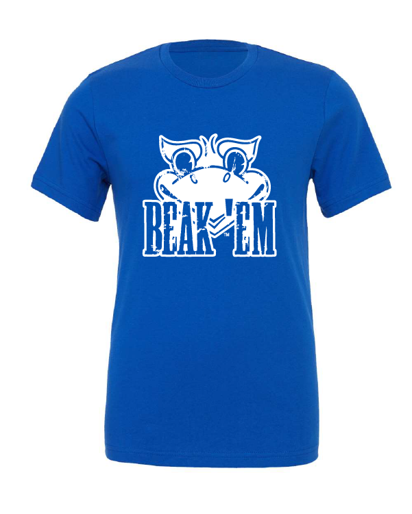 Beak 'Em design on a blue t-shirt