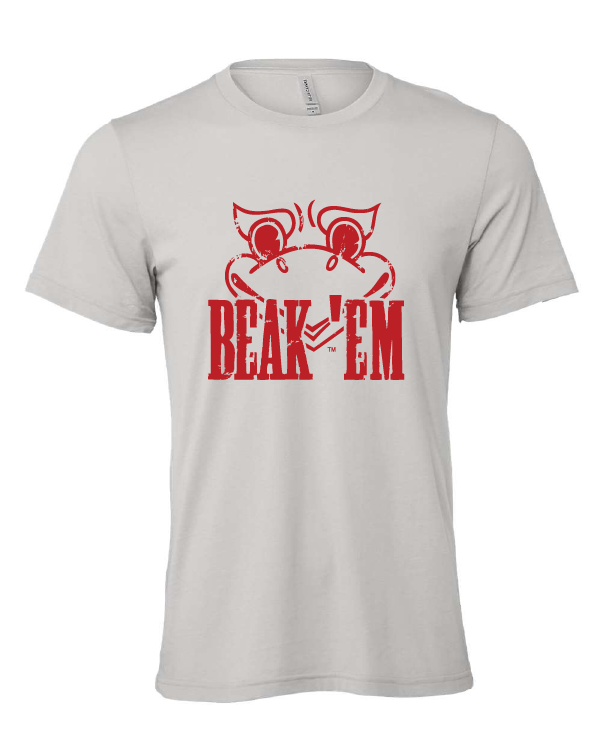 Beak 'Em design on a gray t-shirt