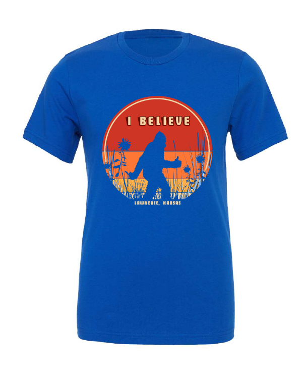 I Believe Bigfoot design on a blue t-shirt