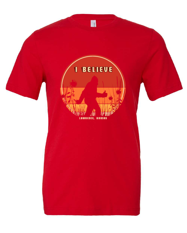 I Believe Bigfoot design on a red t-shirt