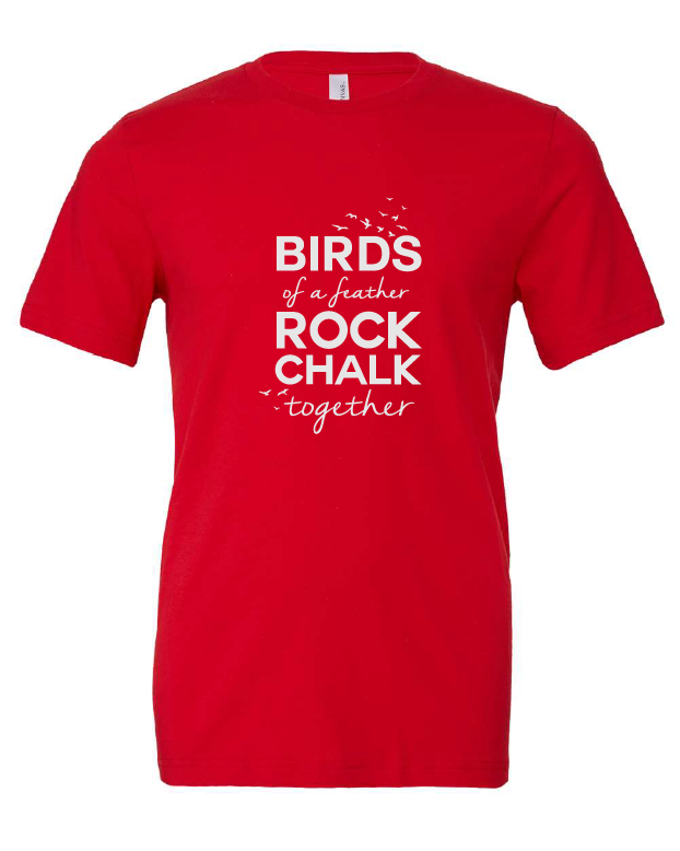 Birds of a Feather Rock Chalk Together design on a red t-shirt