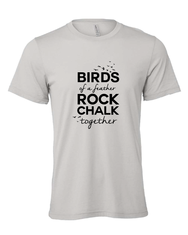 Birds of a Feather Rock Chalk Together design on a gray t-shirt