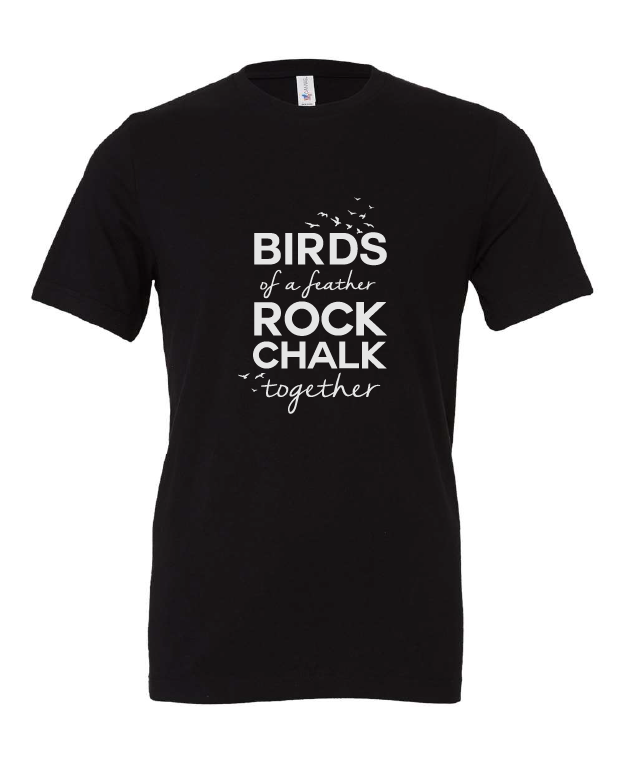 Birds of a Feather Rock Chalk Together design on a black t-shirt