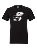 Blue and White Jayhawk on a black t-shirt