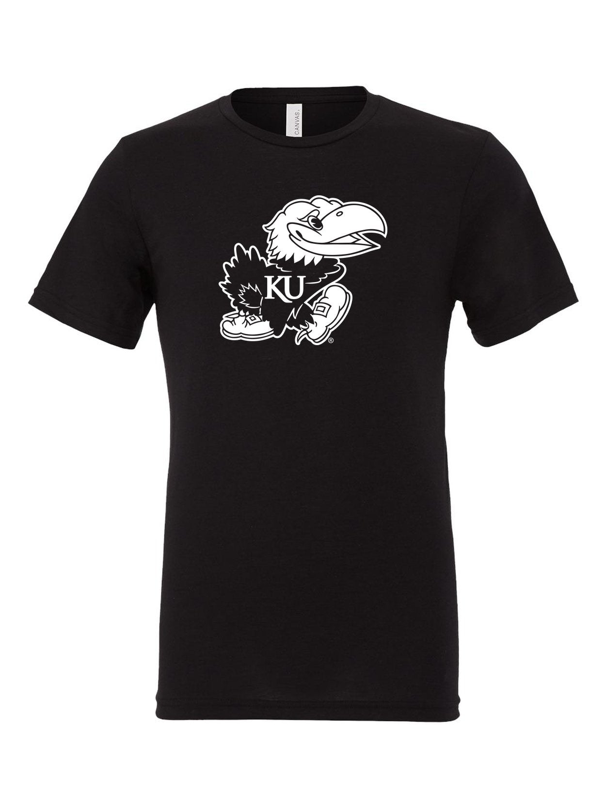 Blue and White Jayhawk on a black t-shirt