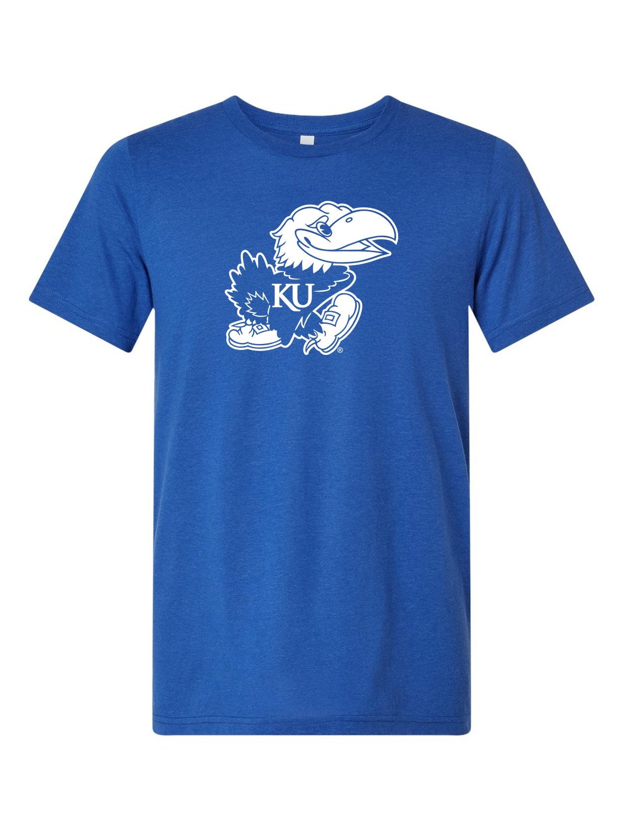 Blue and White Jayhawk on a royal blue t-shirt