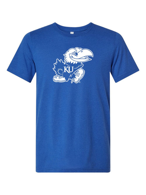 Blue and White Jayhawk on a royal blue t-shirt