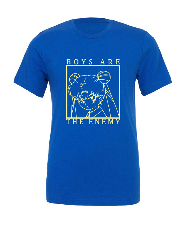 Boys Are the Enemy design on a blue t-shirt