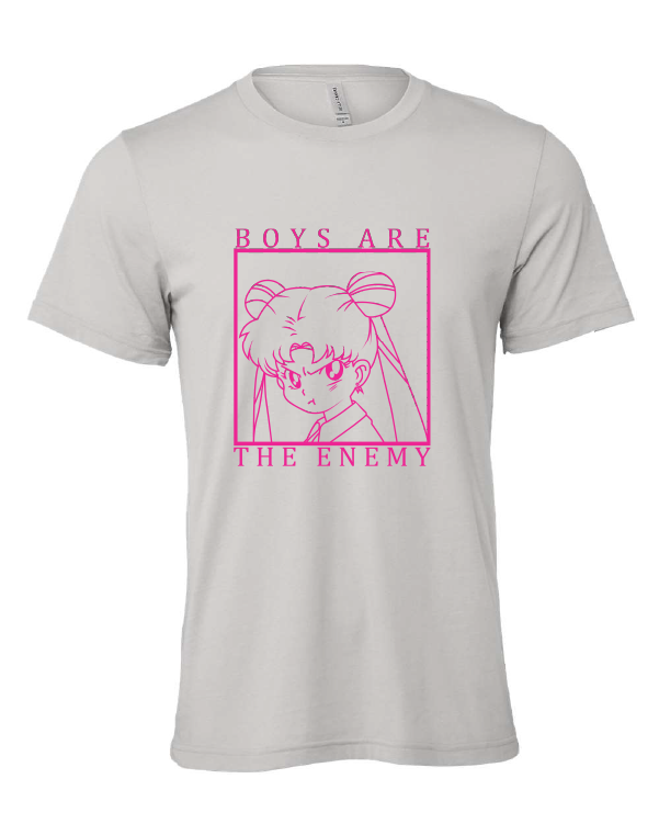 Boys Are the Enemy design on a gray t-shirt