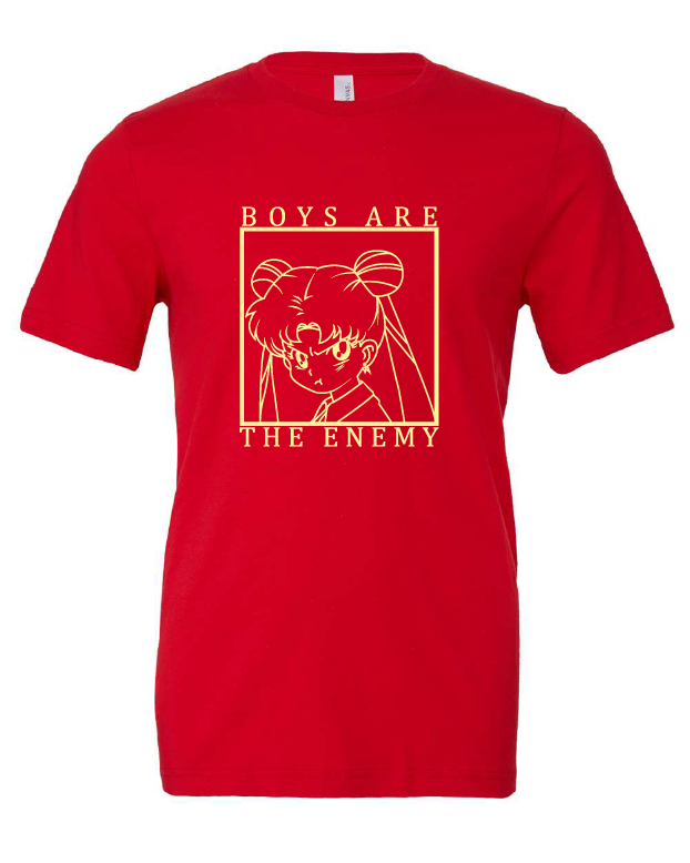 Boys Are the Enemy design on a red t-shirt
