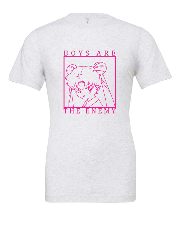 Boys Are the Enemy design on a white t-shirt