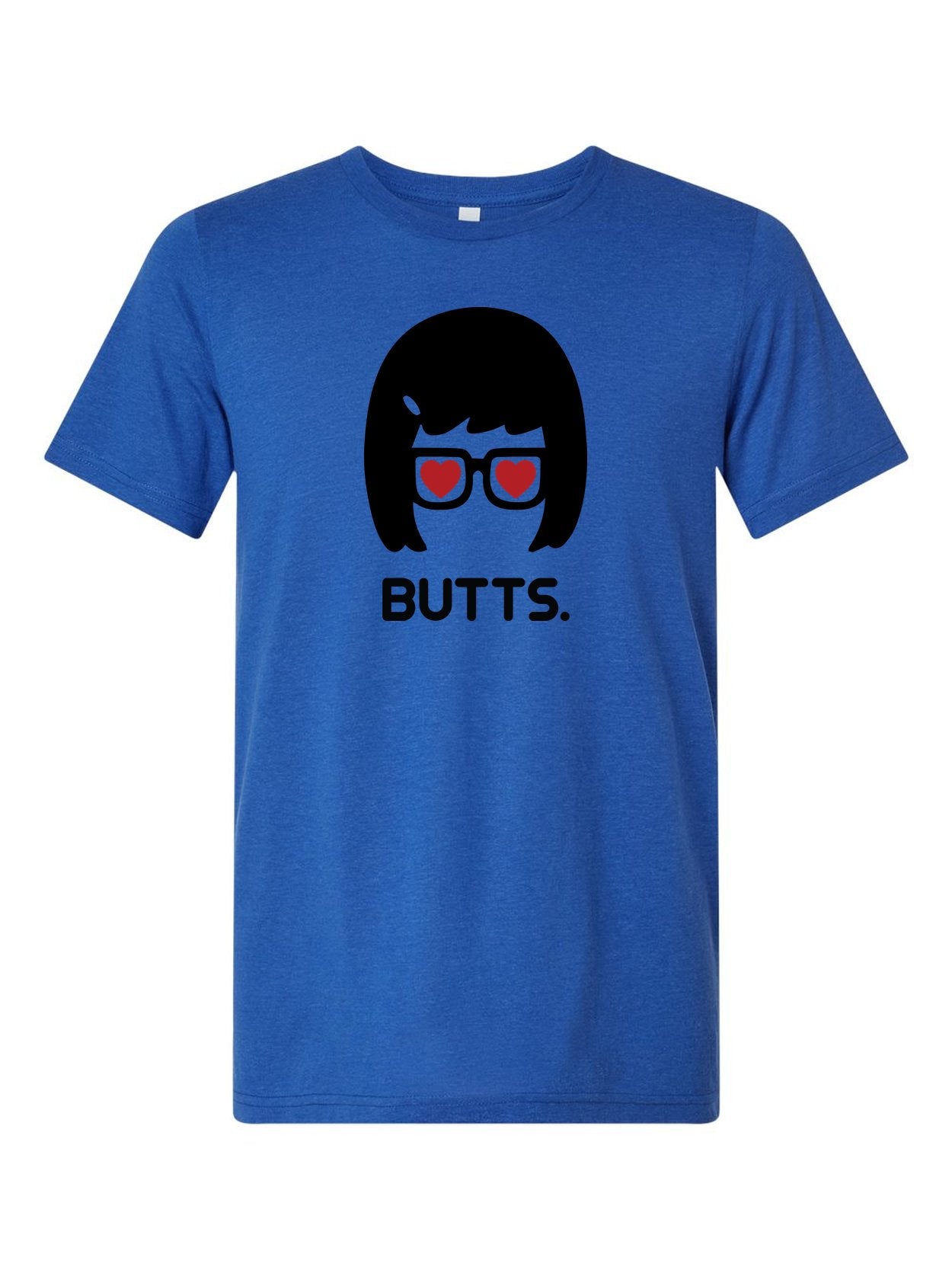 BUTTS. on a royal blue t-shirt