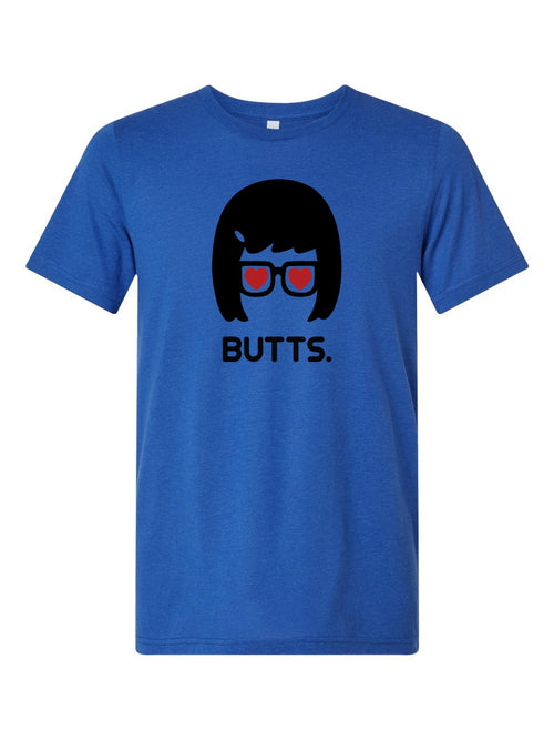 BUTTS. on a royal blue t-shirt