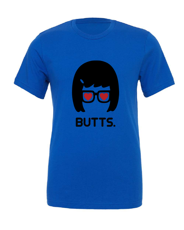 BUTTS design on a blue t-shirt
