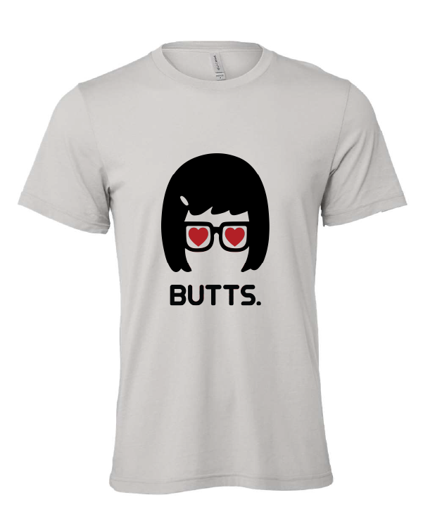 BUTTS design on a gray t-shirt
